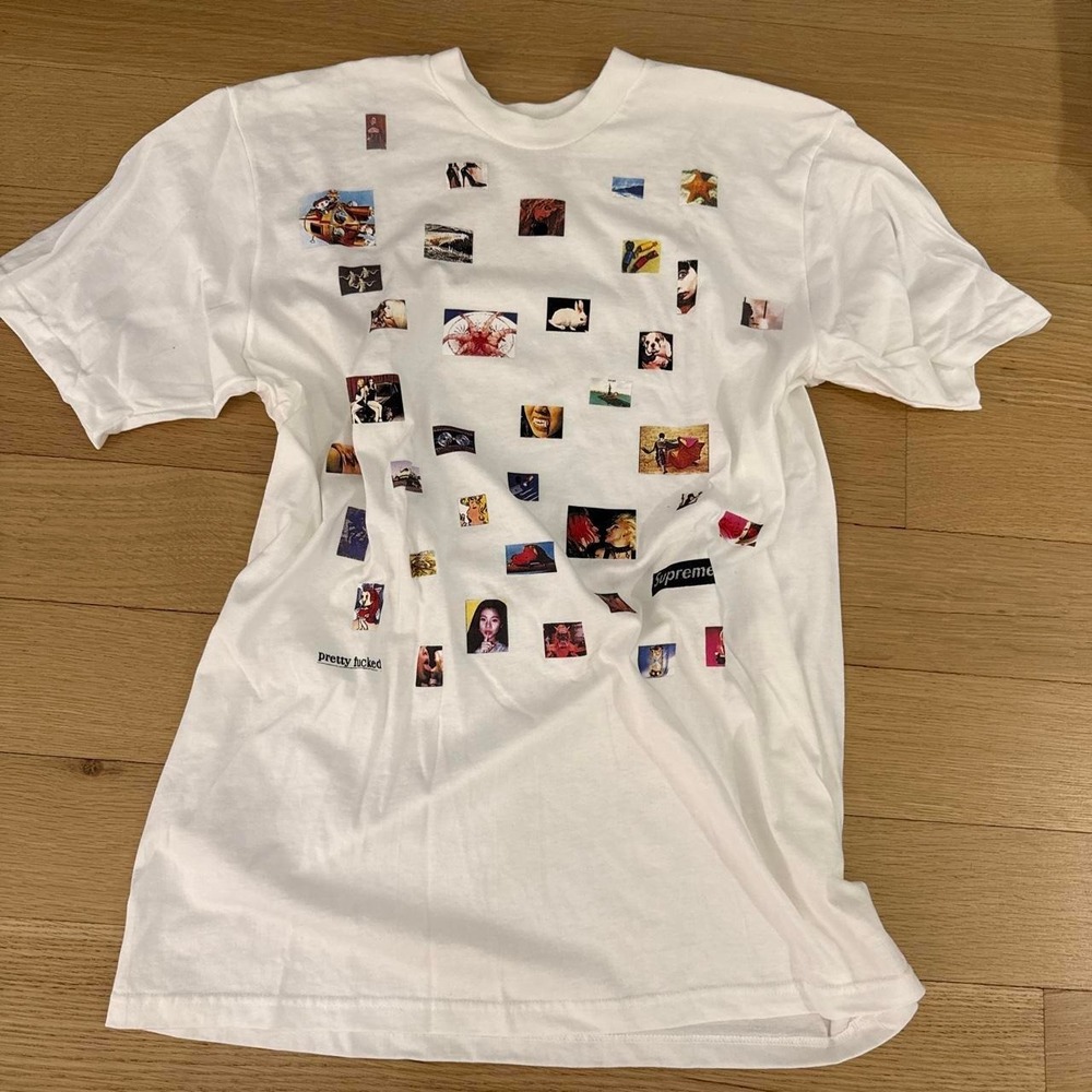 Supreme White t-shirt with collage of small rectangular images